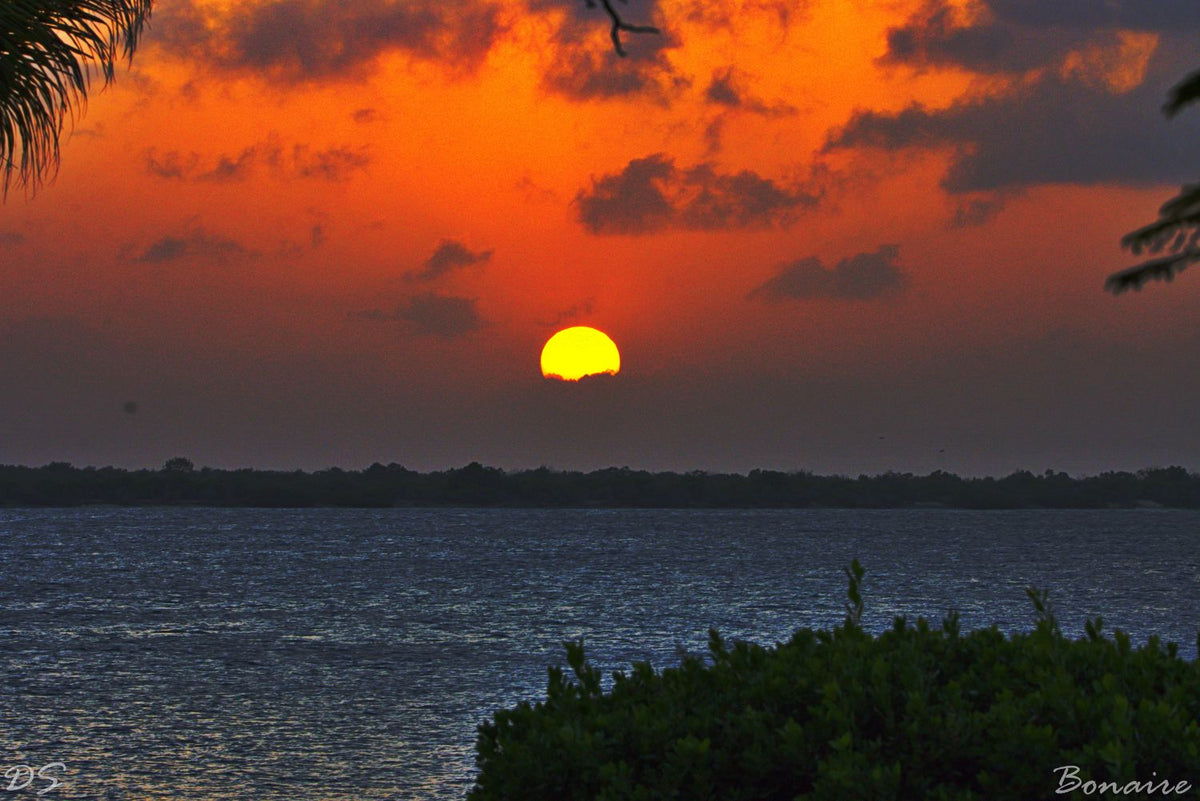 Dramatic Bonaire Caribbean sunset with blazing orange sky and yellow sun over calm ocean water