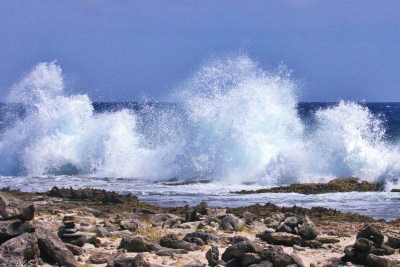 Bonaire Ocean Waves Crashing on Rocks - Caribbean Coastal Photography Print