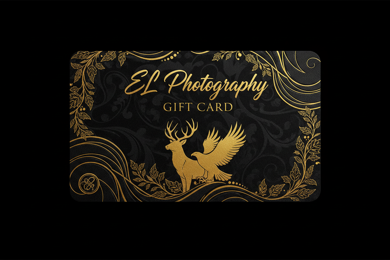 EL Photography Gift Card — premium wildlife photography gift card with elegant dark background and golden accents